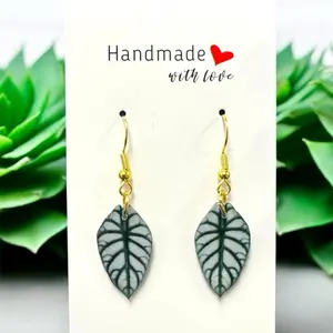 Silver Dragon Alocasia Leaf Earrings - Handmade with Love, Features Green Leaf Design, Elegant Earring Style