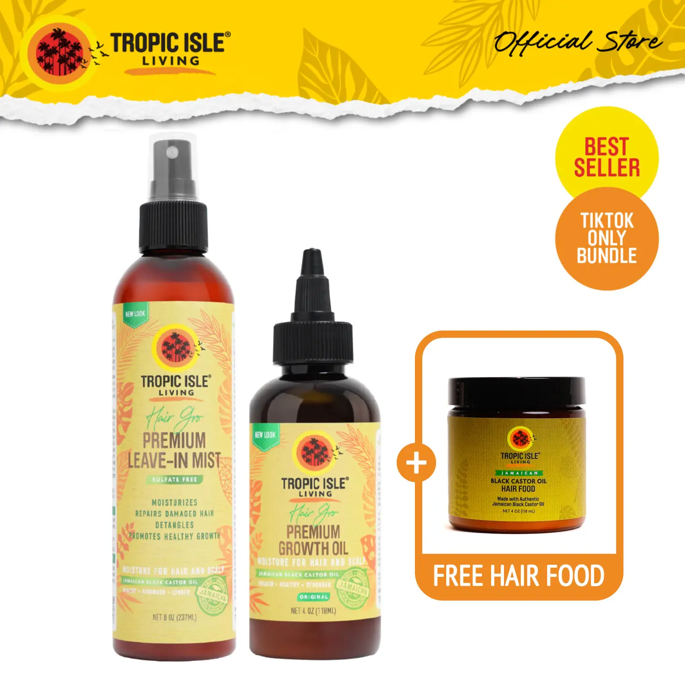 Tropic Isle Living Hair Growth Haircare Bundle with FREE Coconut Hair Food - Lightweight, Hydrating, Repairing Formula for Stronger, Thicker Locks (Ideal for Lash Serum Use)