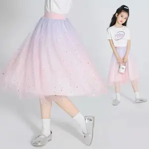 Spring Summer Girls' Galaxy Gradient Half-Body Costume Set with Tulle Skirt and Sequin Top for Festive Outfits