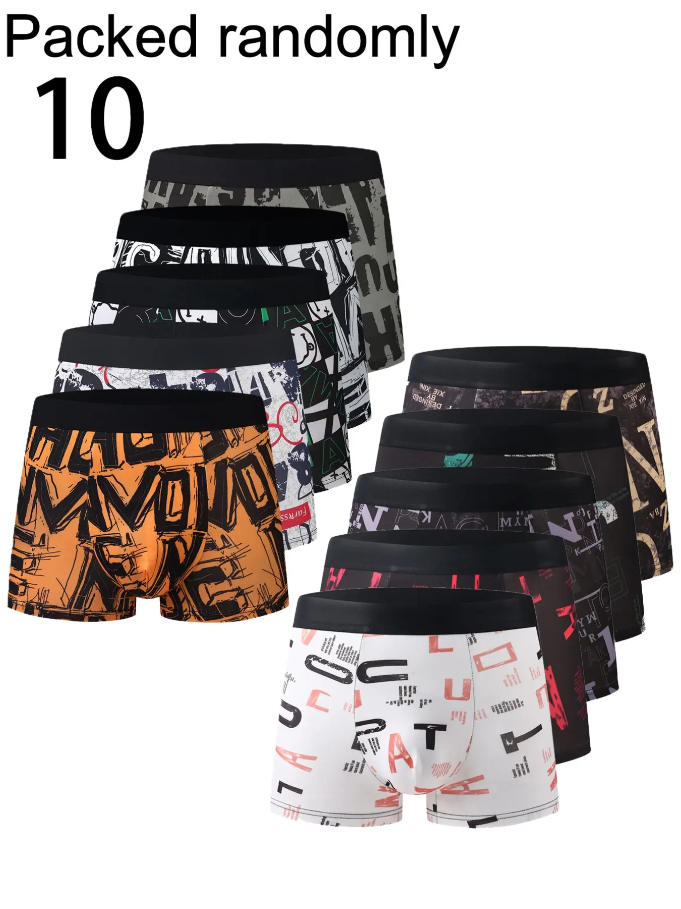 10-Pack Men's Boxer Briefs, Underwear, Geometric Pattern, Mid-Waist, High Elasticity, Soft Stretch Briefs, Soft Skin-Friendly, No Roll Edge, Trendy Casual Four-Panel Shorts, Boxer Briefs Set