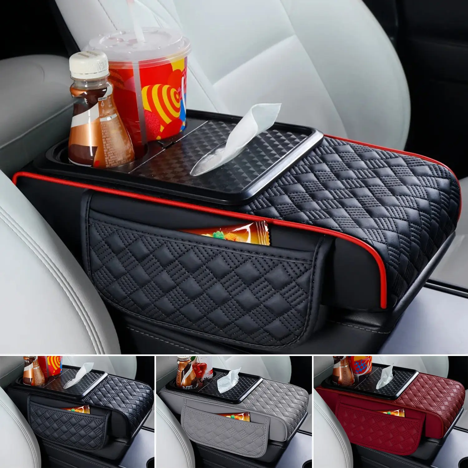Car Center Console Armrest Pillow, Leather Car Armrest Cushion With Cup Holder & Phone Holder, Universal Armrest Storage Box Protector For Most Vehicles, Car Accessories