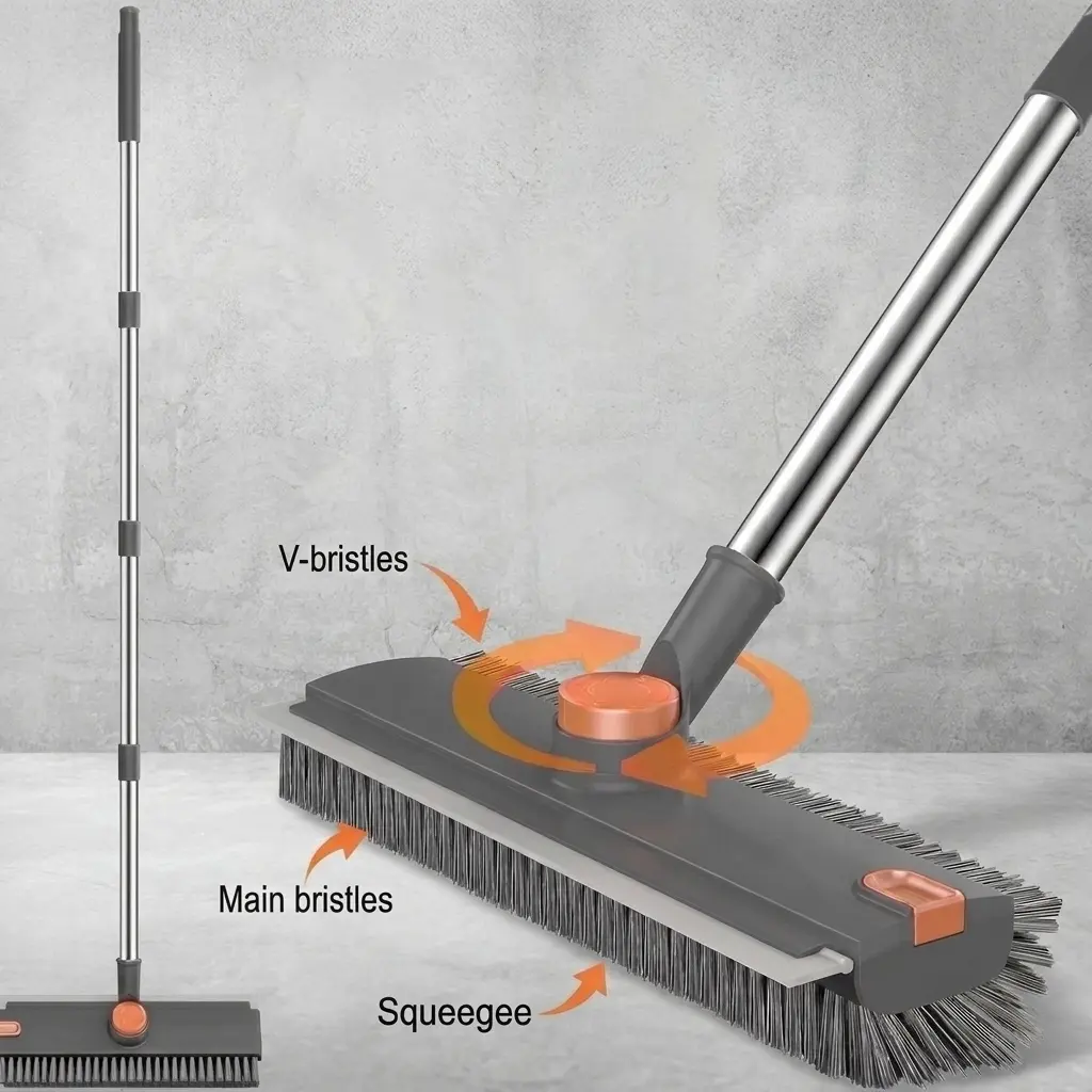 3-in-1 Floor Scrub Brush with 54-in Adjustable Long Movable Handle, Rubber Scraper & Stiff Bristles, Heavy-Duty Cleaning Tool for Bathroom, Patio, Pool, Gray & Orange, Smooth Surface Compatible 3-in-1 Brush, Includes Scraper, House Cleaning Tools