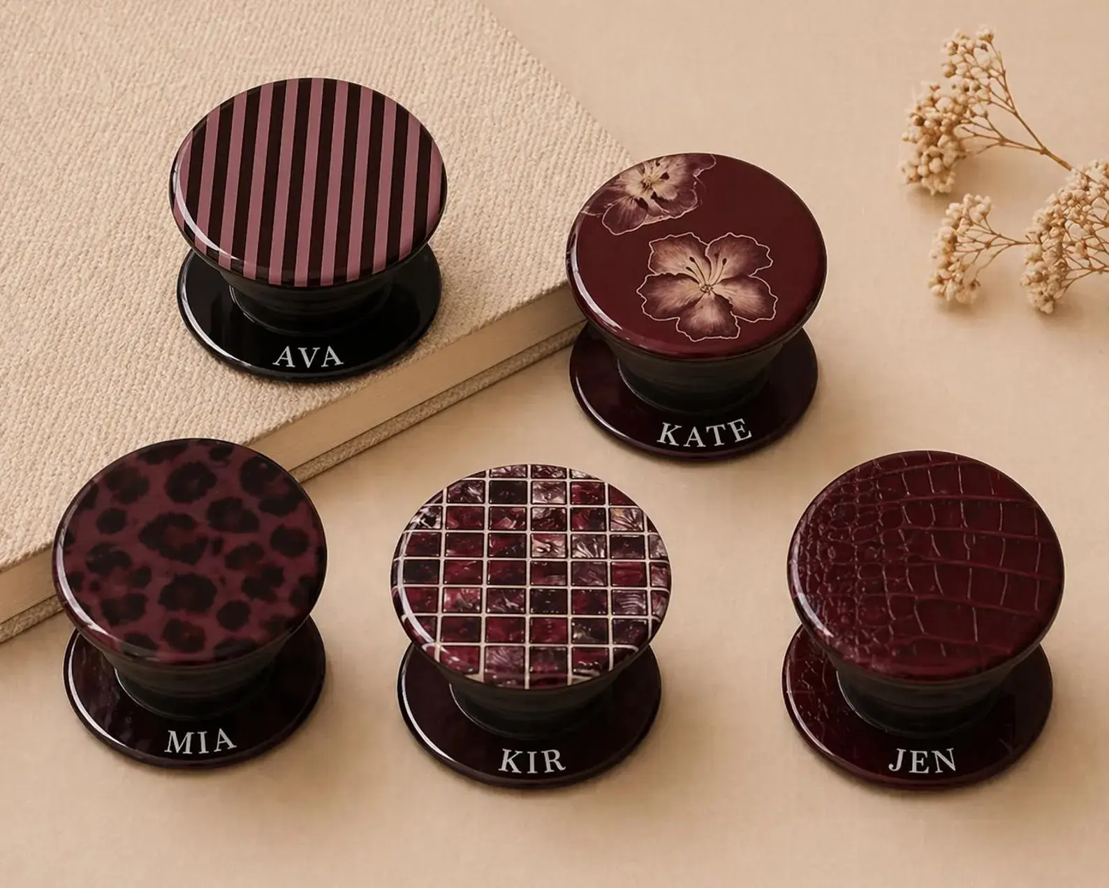 Burgundy MagSafe Pop Socket Personalized Phone Grip Custom Phone Stand Hibiscus Floral Leopard Tortoise Red Mosaic Leather Print Magnetic Phone Holder Gift