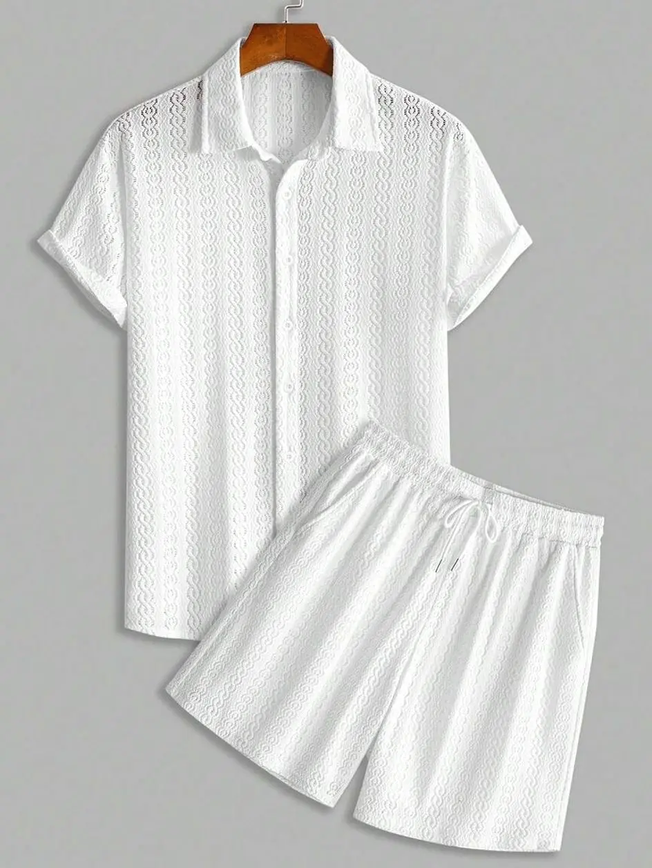 Men's 2 piece sets - Men's Cable Knit Polo Set, Full-Zip Shirt And Shorts, Lightweight Breathable Summer Two-Piece Streetwear Outfit men shorts summer clothing trending clothing trending clothes male clothing shorts for the summer men 2 piece sets