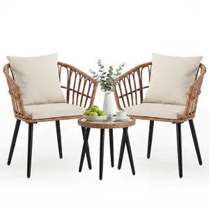 3-Piece Rattan Wicker Outdoor Furniture Set, All-Weather Patio Bistro Set with 2 Conversation Chairs (Soft Cushions) and Glass Side Table, for Backyard, Balcony, Beige,summervibes