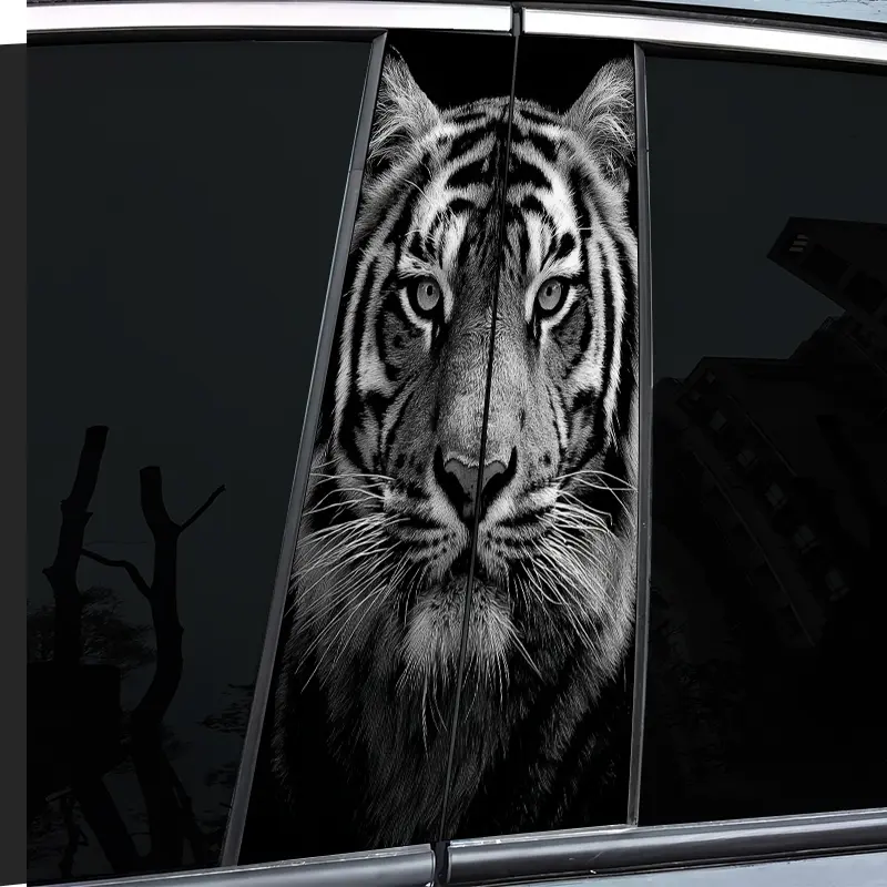 2 black and white majestic tiger car middle column stickers, with personal creativity, B pillar protective film, black and white majestic tiger car stickers, suitable for cars, Cool car decoration, Sticker Decals