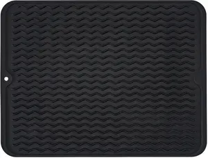 [New Deal] - Silicone Dish Drying Mat, Non-Slip Easy Clean Sink Mat Large Heat-resistant Dish Drainer Mat for Kitchen Counter, Sink, Refrigerator or Drawer liner (16" x 12", BLACK)
