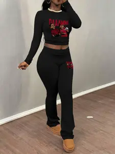 DAAAMN pattern printing Women's Letter Print Crop Top Set, Casual Fall & Winter, Tight-Fitting Long Sleeve Shirt + Flare Pants, Home Wear