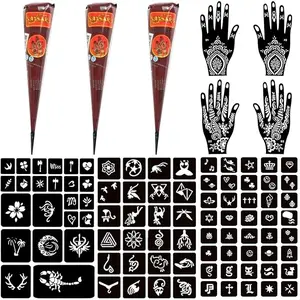 Temporary Tattoo Kits 3 Henna tattoo cones 101 Stencils Semi Permanent Tattoo Markers Jagua Gel for Women Men Kids DIY Art Painting Party Gifts