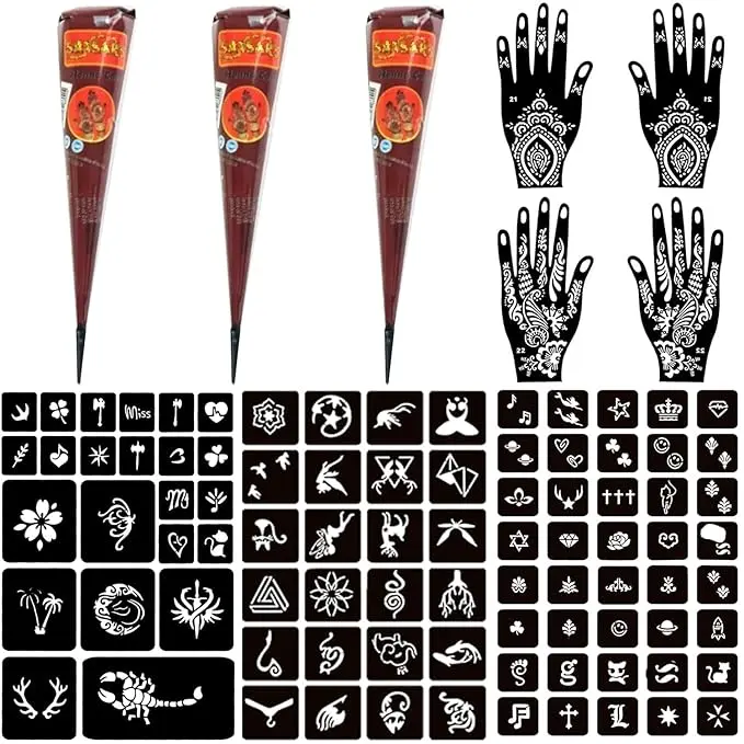 Temporary Tattoo Kits 3 Henna tattoo cones 101 Stencils Semi Permanent Tattoo Markers Jagua Gel for Women Men Kids DIY Art Painting Party Gifts