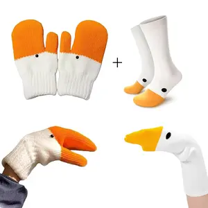 Winter Fun and Quirky Goose Two-Piece Set for Women - Knitted Mittens with Fleece Lining and Animal Pattern Design