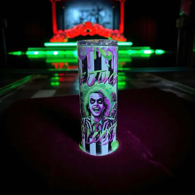 Spooky Neon Slime Beetlejuice Striped 20oz Tumbler with Vibrant Green and Purple Drip Design for Halloween Fans