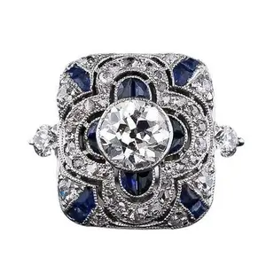 Natural Shining Sapphire Ring Blue Gemstone Cubic Zirconia Promise Rings CZ Luxurious Eternity Engagement Wedding Band Ring for Women