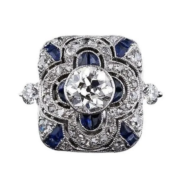 Natural Shining Sapphire Ring Blue Gemstone Cubic Zirconia Promise Rings CZ Luxurious Eternity Engagement Wedding Band Ring for Women