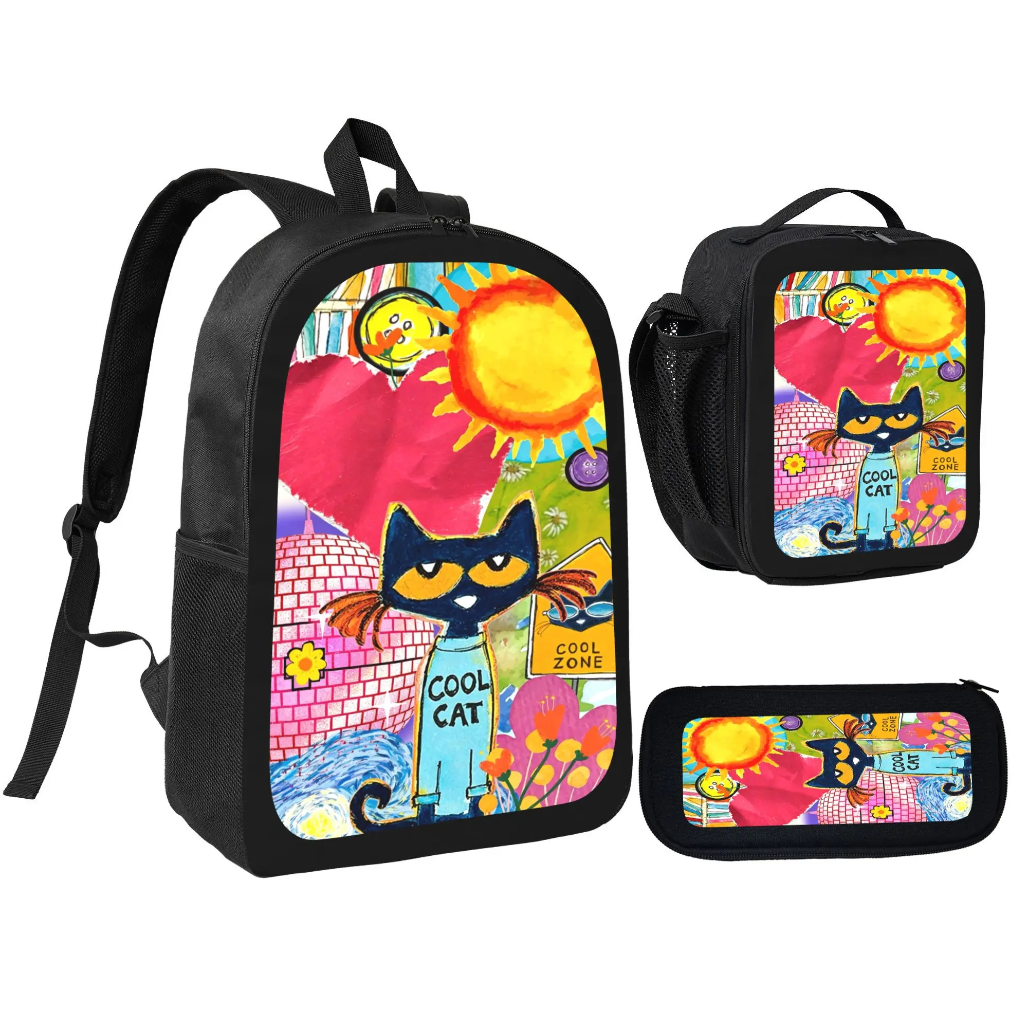 Rockstar Guitar Pete The Cat All Over Print Backpack Combo Large Capacity Travel Book Bag Kit