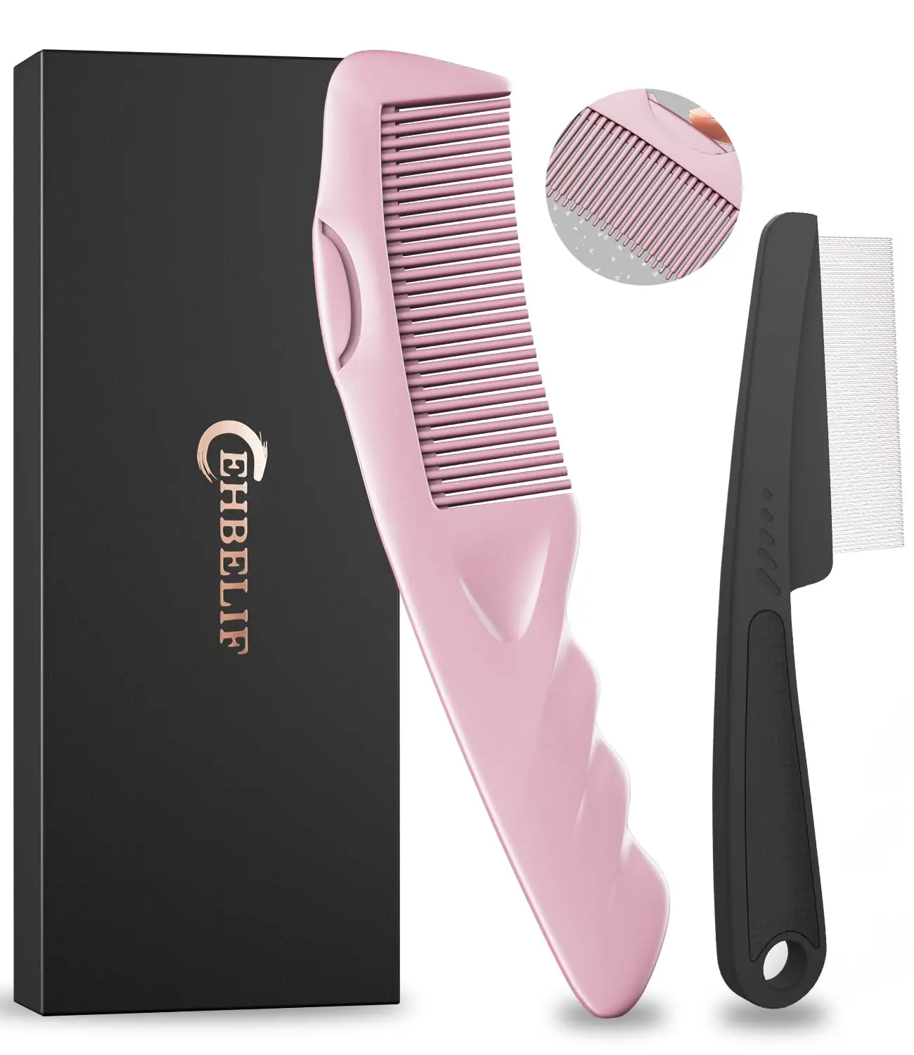 Women's 2-Piece Antidandruff Hair Tools Set - Hollow Fine-Tooth Stainless Steel Bristle Shedding Comb, Self-Cleaning Button, Scalp Scratcher Massage, Flake/Lice Removal, Before Shower Use, All Hair, Gift Box Included