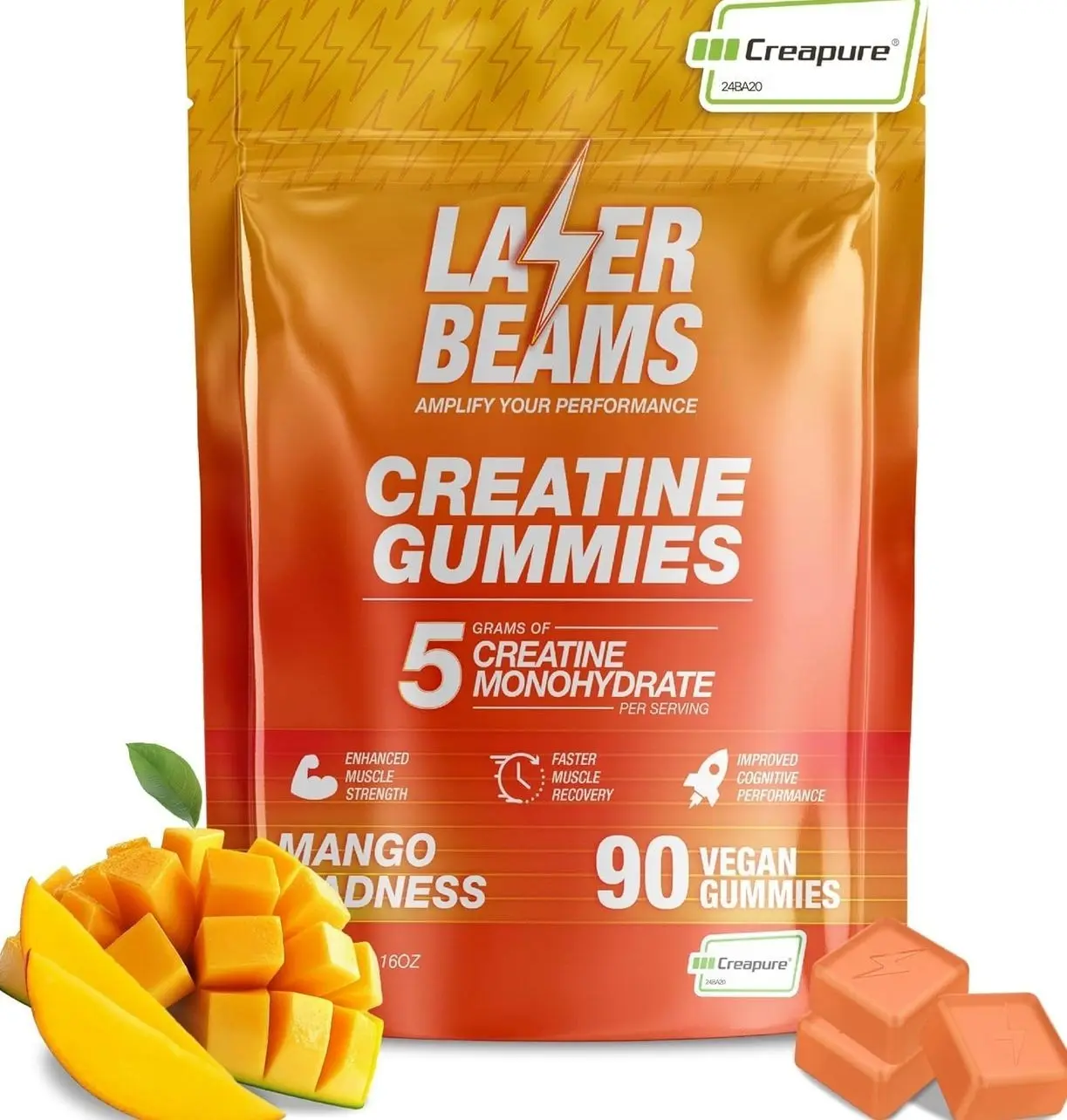 Creatine Monohydrate Gummies for Women & Men - 5g Creapure Creatine per Serving - Vegan, Mango Flavor - Boost Muscle Strength, Endurance, Recovery & Mental Focus (90 Gummies)