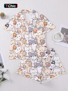 Cartoon Cat Print Pajama Set for Women, Short Sleeve Shorts, Casual Home Wear, Perfect for Festive Occasions and Family Gatherings