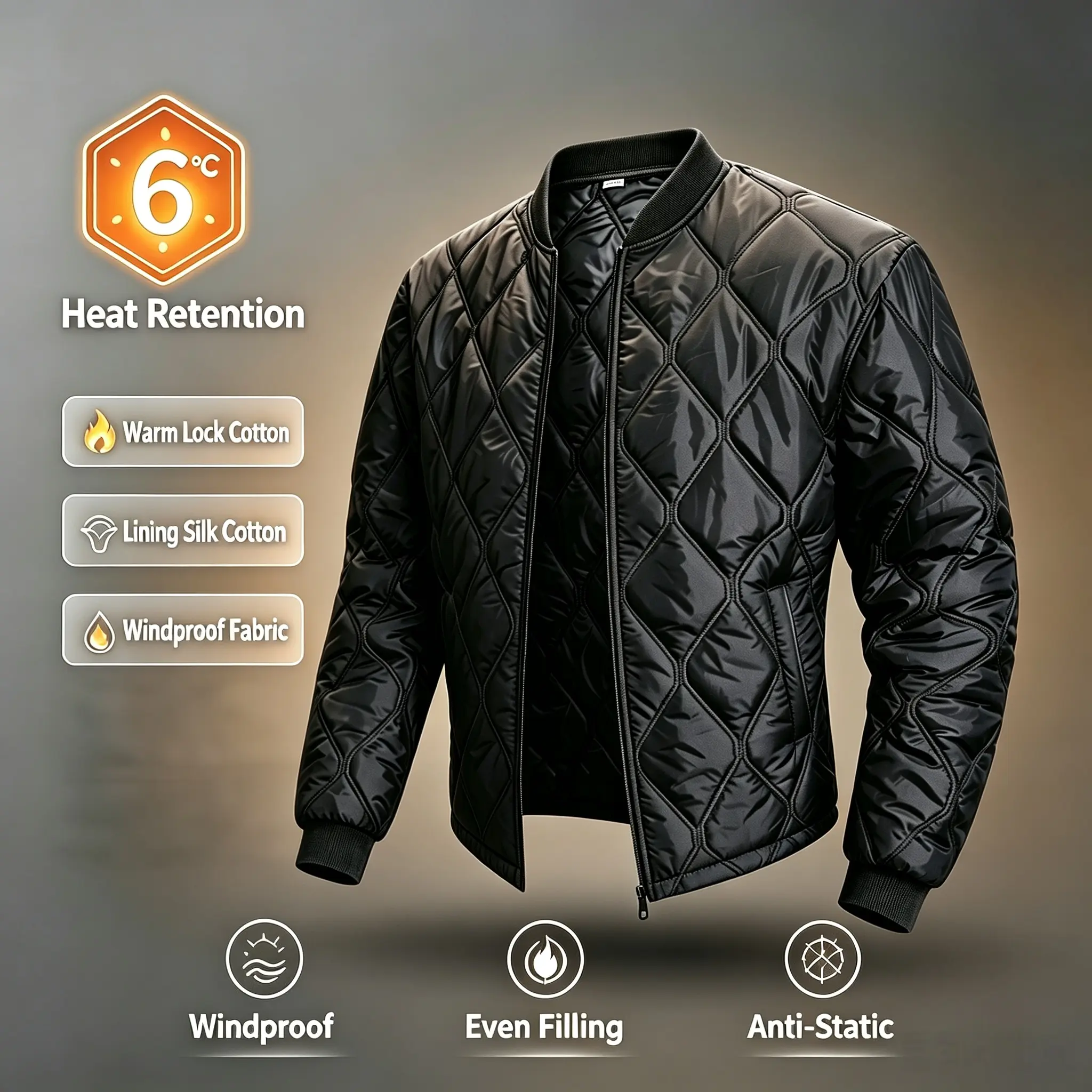 Winter versatile warm men’s aviator jacket with diamond quilting, windproof design, silk cotton lining, anti-static, lightweight outerwear