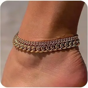2026 New Double Layer Cuban Link Anklet for Women Waterproof Gold Silver Beach Anklet Minimalist Summer Foot Jewelry for Daily Vacation Travel