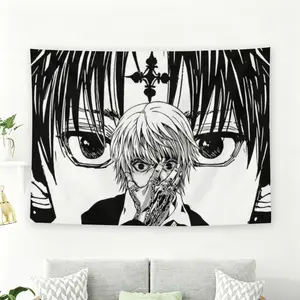 Hunter x Hunter Kurapika Anime Black and White Wall Flag, Manga Character Tapestry, Black Flash Style Room Decor