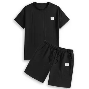Men's Summer Casual Sports Suit 2-Piece Set Jacquard Texture Fabric Breathable Round Neck T-Shirt & Shorts Formal Tropical Man Top Suits Menswear Clothes Gamis