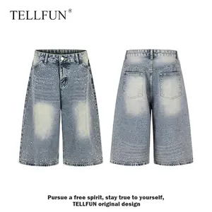 Rhinestone Mid-Low Rise Baggy Wide-Leg Capri Jeans, Stretch with Pockets Soft Denim Casual Streetwear Unisex Vintage Y2K Pants