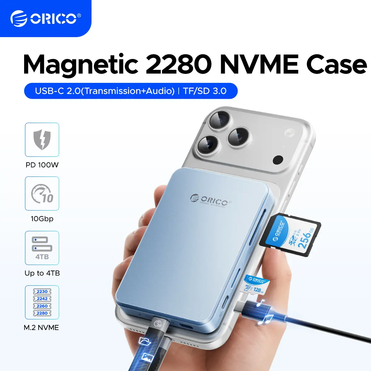 ORICO 10Gbps Magnetic M.2 NVMe SSD Enclosure with USB-C Dock Compatible for Phone 17/16/15 Pro/Max/Plus ProRes Recording TF/SD Card Slot PD 100W for 2230/2242/2260/2280 B+M M-Key Diskless - AP80F