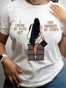 God Guides My Steps, I Choose My Path of Knowledge Printed T-Shirt, Casual Fit Patterned Round Neck Short-Sleeve Top, Suitable for Spring And Summer, Women'S Clothing
