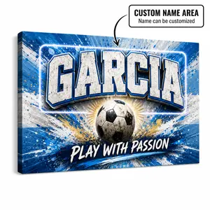 Personalized Soccer Canvas Wall Art, Custom Name Sports Canvas Print, Sky Blue White Soccer Room Decor, Ready to Hang Wall Art Gift for Boys Teens and Fans