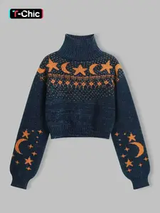 Women's Moon & Star Pattern Knit Sweater, Fall Winter Casual Fashion Long Sleeve Pullover, High-Quality Elegant Leisure Wear, Knitwear