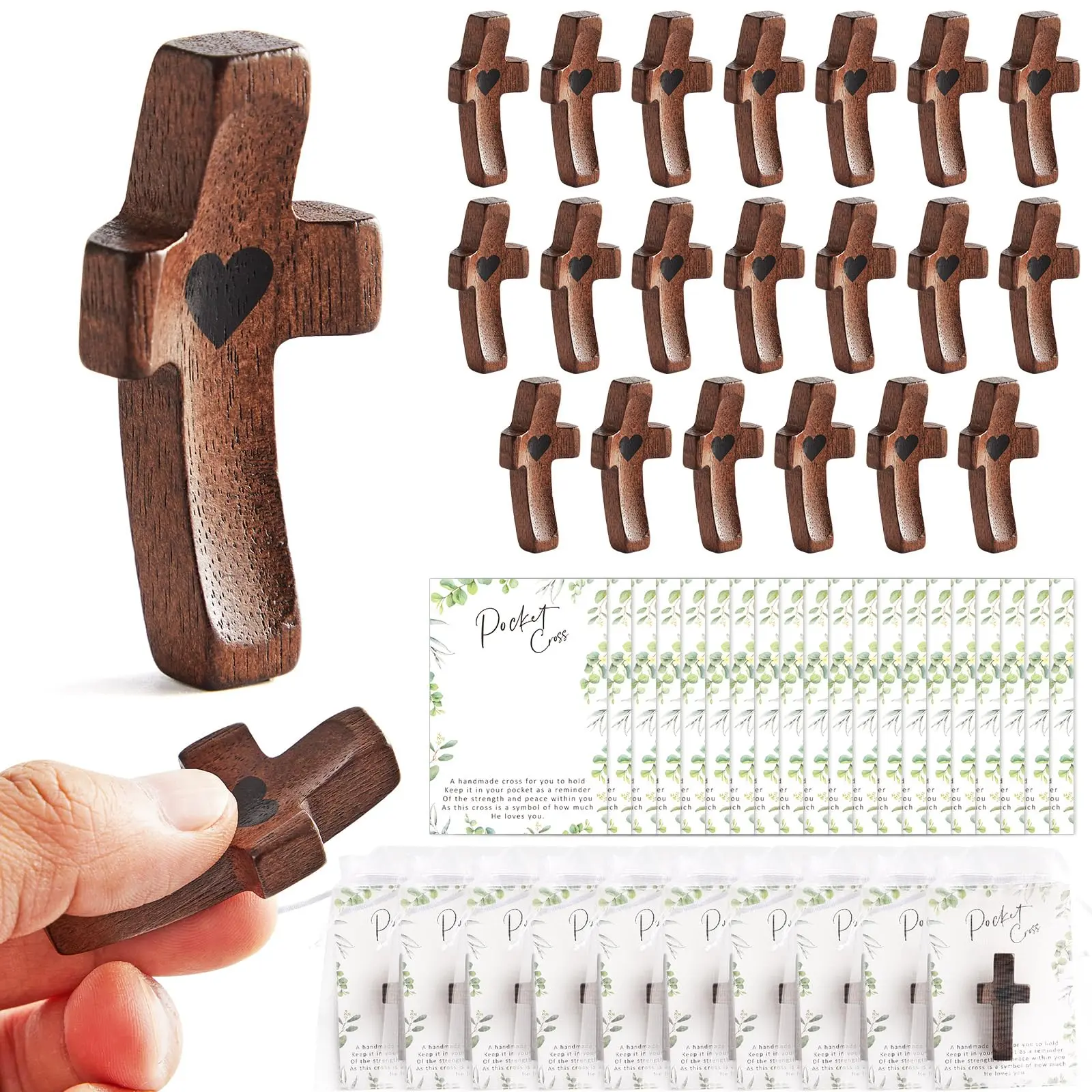 Handmade 10Pcs Black Walnut Wooden Cross Fidget Toys Bulk - With Organza Bags, Cards, Stress Relief Pocket Items for Christians, Spiritual Memento Reflection, Religious Easter Gifts # gift option teacher end of the year summer spring set toy teen girl