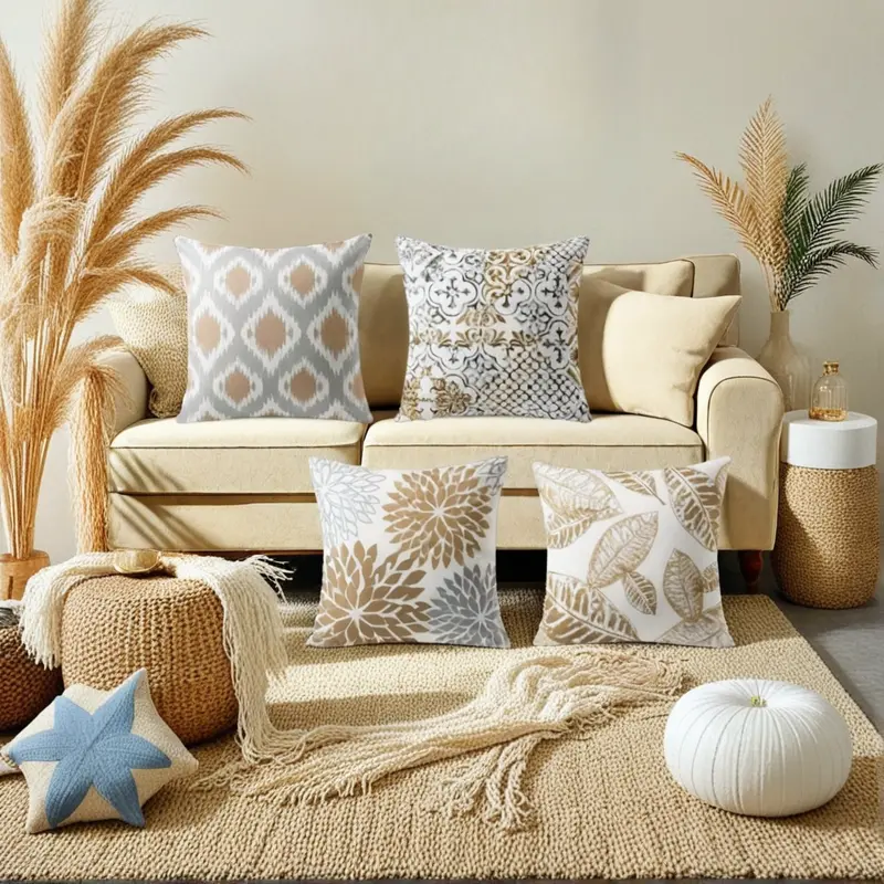 Fashion Accessory Set - 4-Piece Linen Woven Roving Geometric Floral Print Cushion Covers, Modern Abstract Elegant Brown & Grey Outdoor Cushions, All-Season Cases for Living Room Couch, Porch (No Pillow Inserts)