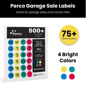 Perco Garage Sale Price Stickers - 500+ Pre-Priced & 75+ Blank Stickers - Easy-to-Read Price Tags for Effective and Attractive Pricing – Ideal for Yard Sales, Flea Markets, County Fairs & Retail Use