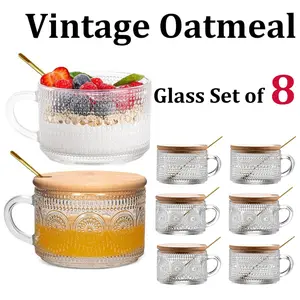 14oz Geometric Waterdrop Pattern Vintage Coffee Mug Set (8 Pcs) with ergonomic handle, iron spoon and bamboo cover, instant brew cup, pudding dessert cup, lightweight portable drink set, pure glass handmade piece #Summer fresh
