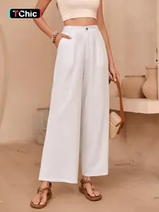 Women's High Waist Linen Wide Leg Pants, Summer Casual Loose Fit Long Trousers, Elegant Plain Design, Comfortable & Stylish