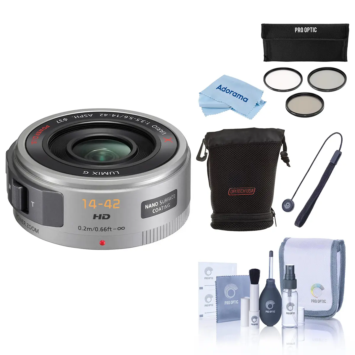 Panasonic LUMIX G X Vario PZ 14-42mm f/3.5-5.6 Aspherical Lens for Micro Four Thirds, Silver, Bundle with 37mm Filter Kit, Lens Case, Cleaning Kit, Lens Cap Tether and Cleaning Cloth