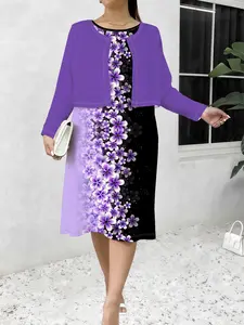 Plus Size Dress + Cardigan Set, Womenswear Fashion Floral All over Print, Casual Soft Skin-Friendly Vacation, Spring & Fall Style Outfit