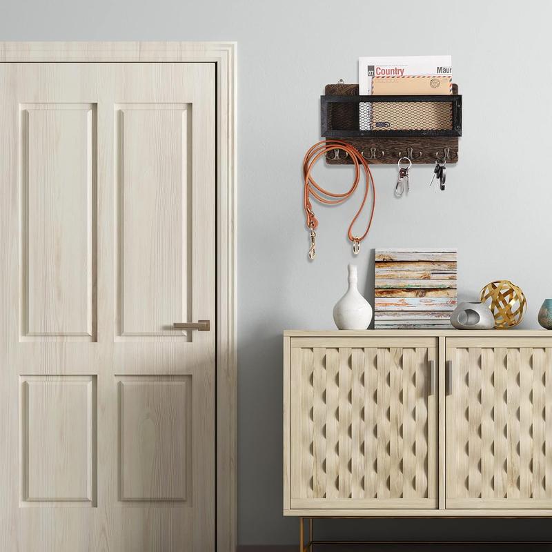 Mail and Key Holder for Wall Decorative, Wooden Wall Mount Key Rack Hanger Organizer with 4 Double Key Hooks, Rustic Home Decor for Entryway Hallway, Brown