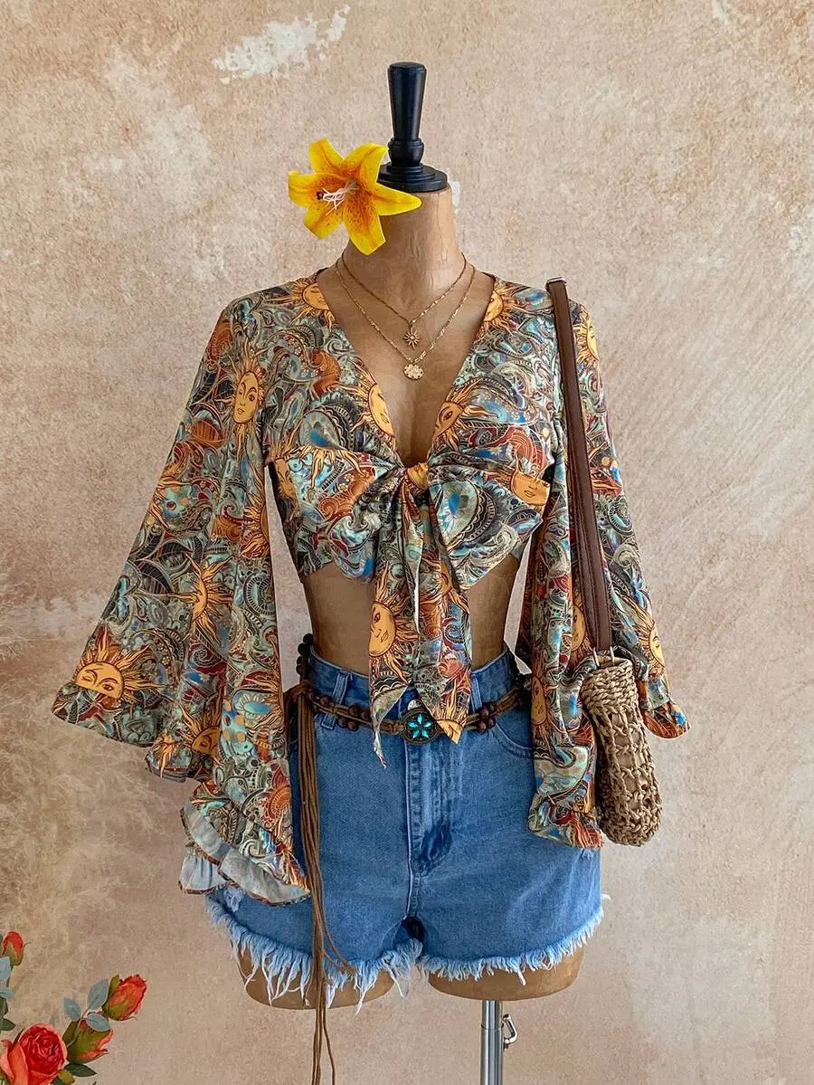 SlaySleep x Soleia Casual Vacation Tie-Front Flare Sleeve Ruffle Cuff Leopard Print Shirt