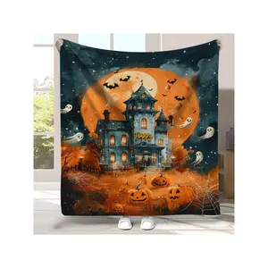 Cozy Halloween Flannel Throw Blanket - Vintage Haunted House Design, Soft & Warm For Couch, Bed, Travel - All-Season Comfort, Machine Washable, For Halloween, Autumn-30*40in