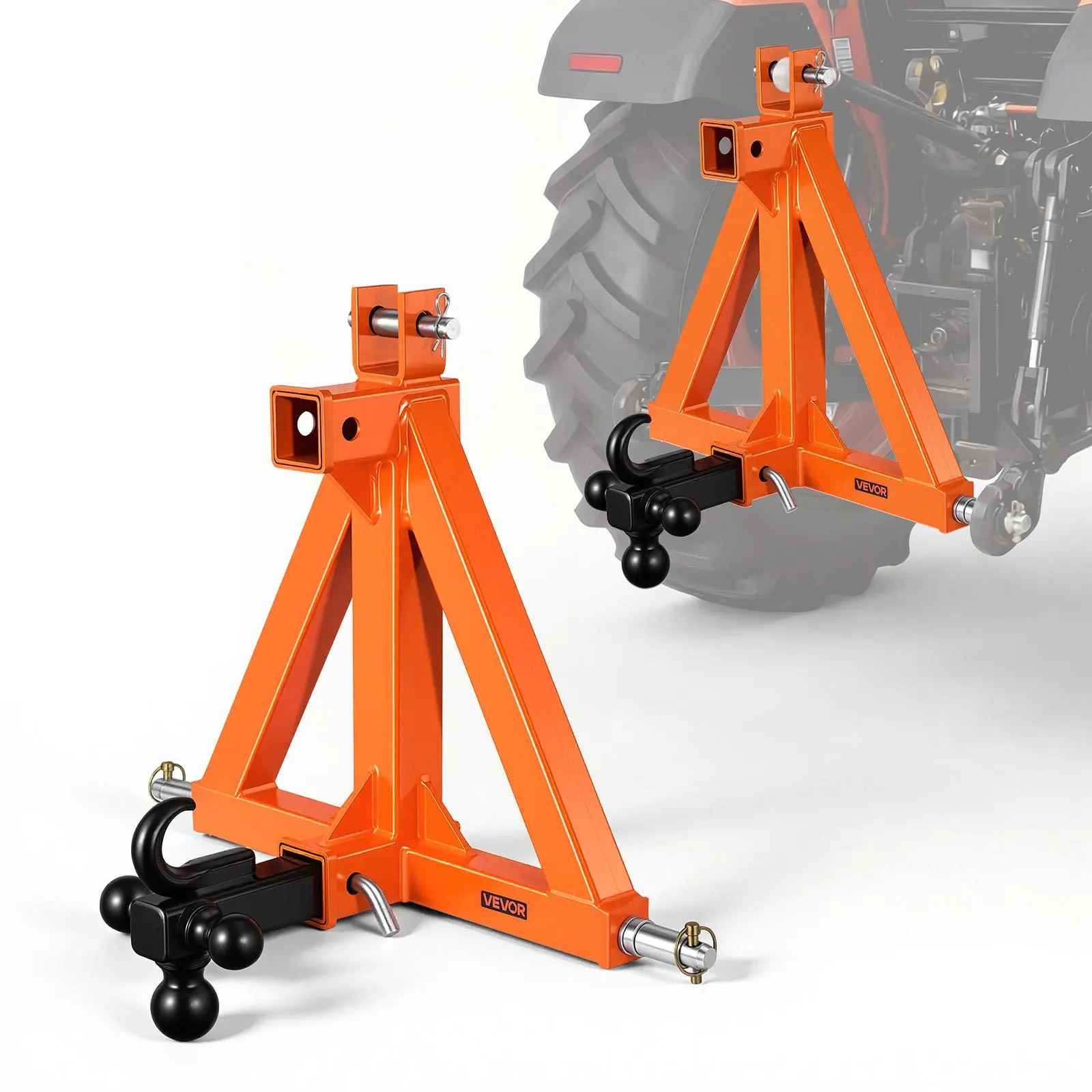 【Summerfinds】VEVOR Sturdy Triangular Steel 3-Point Trailer Hitch with 2-in Receiver, 3 Trailer Balls, Thick-Walled Tubing Resists Bending, Category 1 Tractor Tow Drawbar Adapter, Easy Install/Disassembly, Orange Towing Automotive Tool, Tractors, Farms