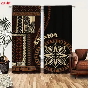 2D Flat  Polynesian Samoa Traditional Pattern Black Background Lightweight Curtain 2-Piece Set, Bold Symmetrical Tribal Motifs with Geometric Floral Elements, Earthy Tones Decorative Window Treatment for Living Room Bedroom