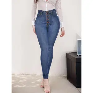 Women’s curvy high-waisted stretch skinny jeans with hip lift, featuring a multi-breasted design—fashionable and novel