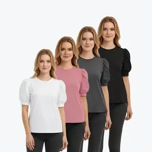 4 PACKS Womens Tops  Puff Sleeve Summer Long Tunic Dressy Casual Blouses Business Cute Trendy Short Sleeve Shirt