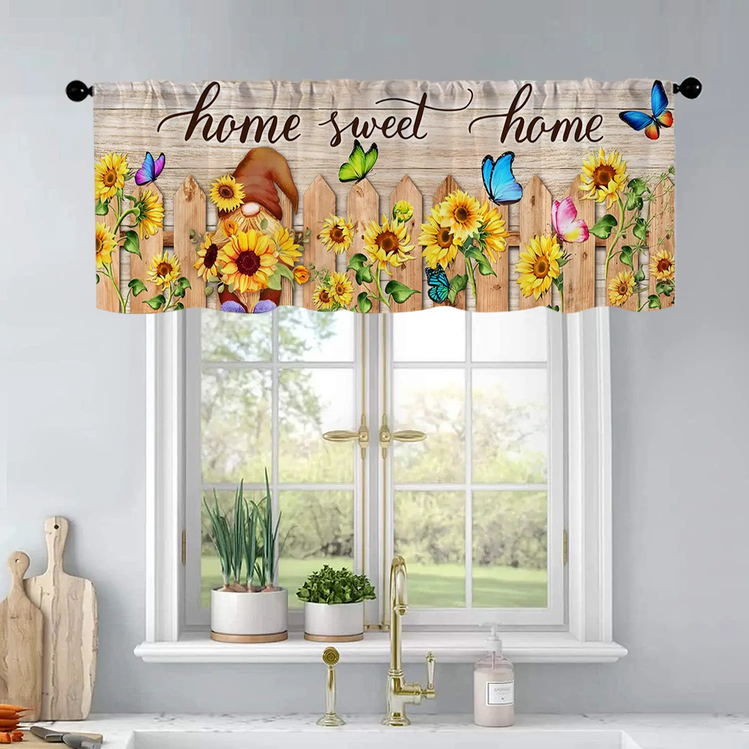 1 pc Summer Sunflower Dwarf Print Kitchen Curtains Valance Living Room Bedroom Bathroom Home Decoration Window Curtain 54x18 Inch Curtain Valances