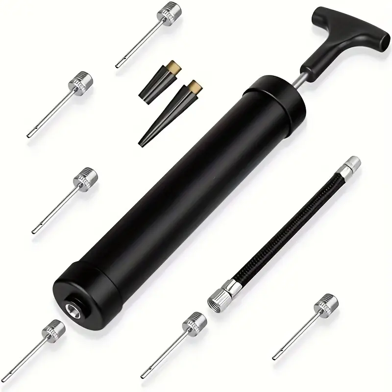 8-Inch Portable Manual Air Pump Set, Complete Kit, PVC Ball Inflator with Needle, Nozzle, and Extension Hose, for Basketball, Sports Balls and Toys