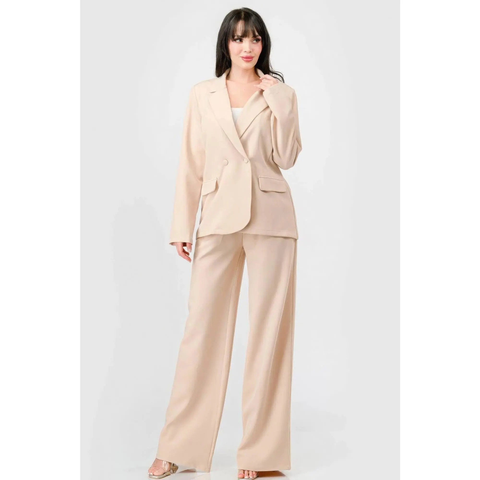 Luxe Stretch Woven Loose Fit Blazer And Wide Legs Pants Semi Formal Set