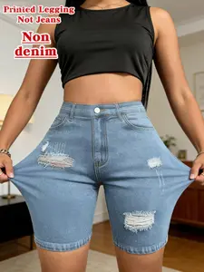 Women's Printed Leggings Non-Denim Fabric, Casual Fashion Tight Shorts, Elastic Fake Jeans Print, All-Season Comfort, Everyday