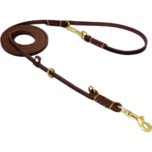 Multi Function Leather Dog Leash - 8ft Genuine Leather Hands Free Double Ended Dog Training Leash for Small Medium Dogs - Brown